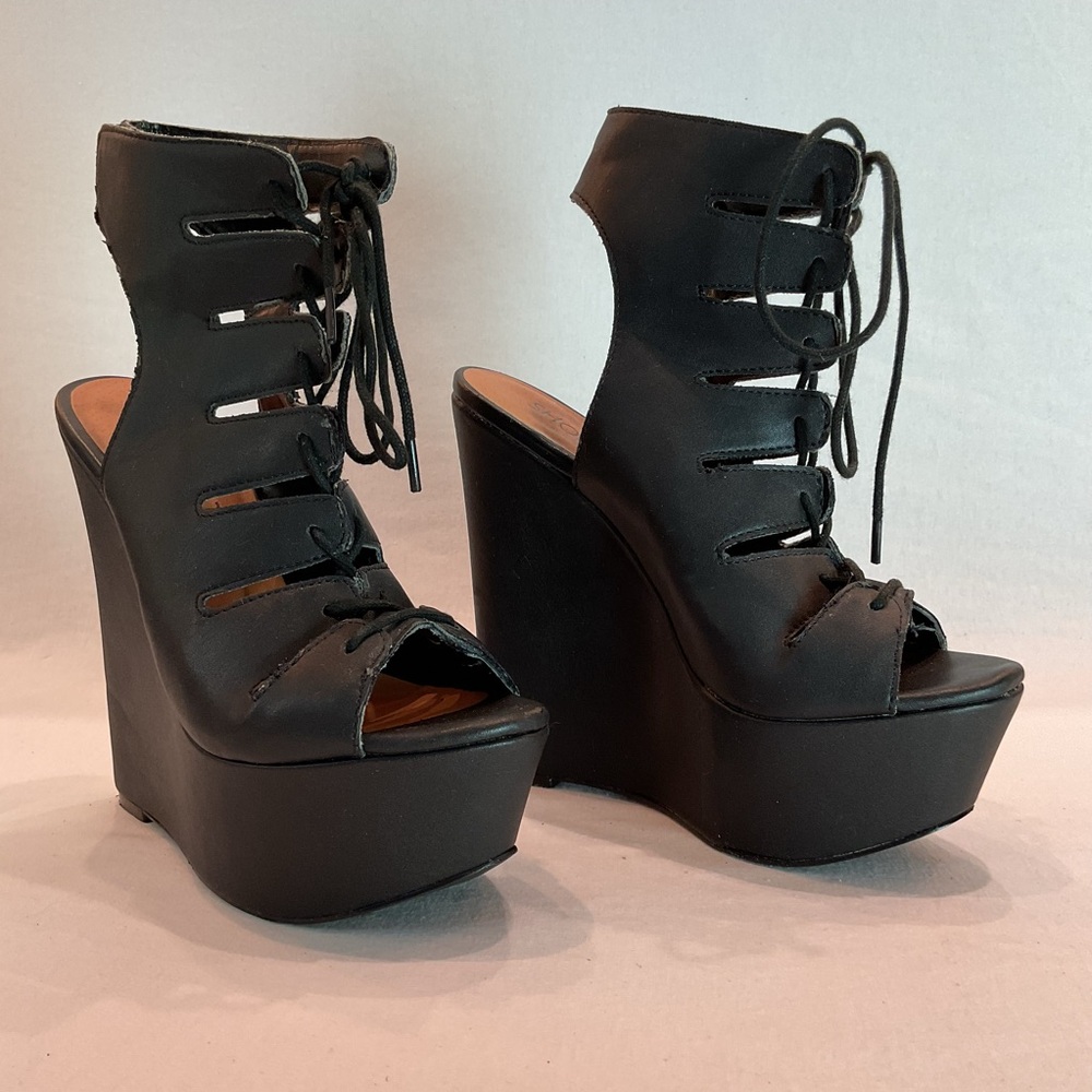 NASTY GAL Black Lace Up Gladiator Platform Wedge Boots Whimsigoth Punk Bold Sz 6 - Picture 15 of 16